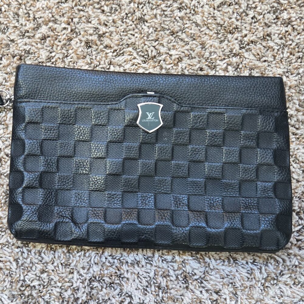 LV Marked Black Checkered Leather Clutch Wristlet with Removable Wrist Strap